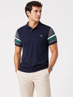Coach Menswear Pine Blue Signature Polo Shirt Striped Sleeves Size M